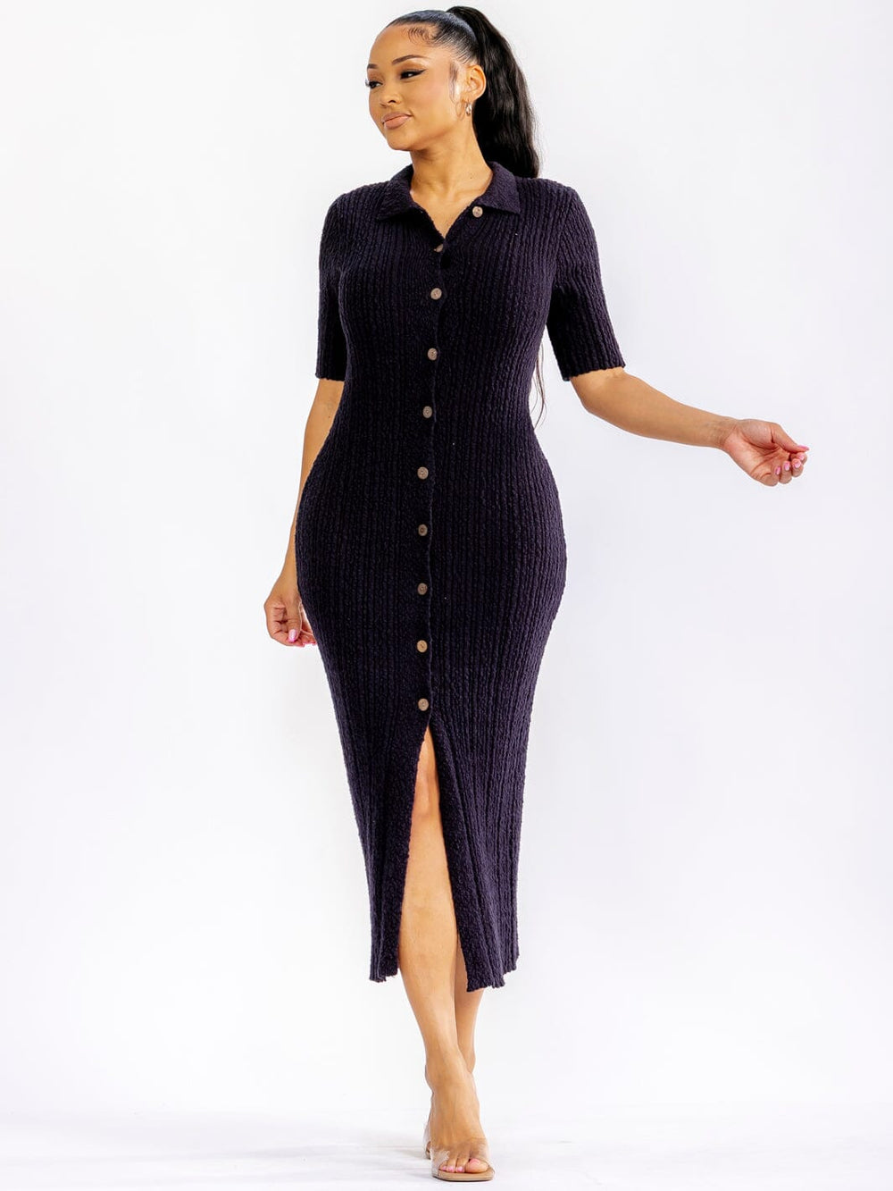 WOMEN'S SHORT SLEEVE BUTTON UP FRONT SLIT RIBBED BODYCON MAXI DRESS