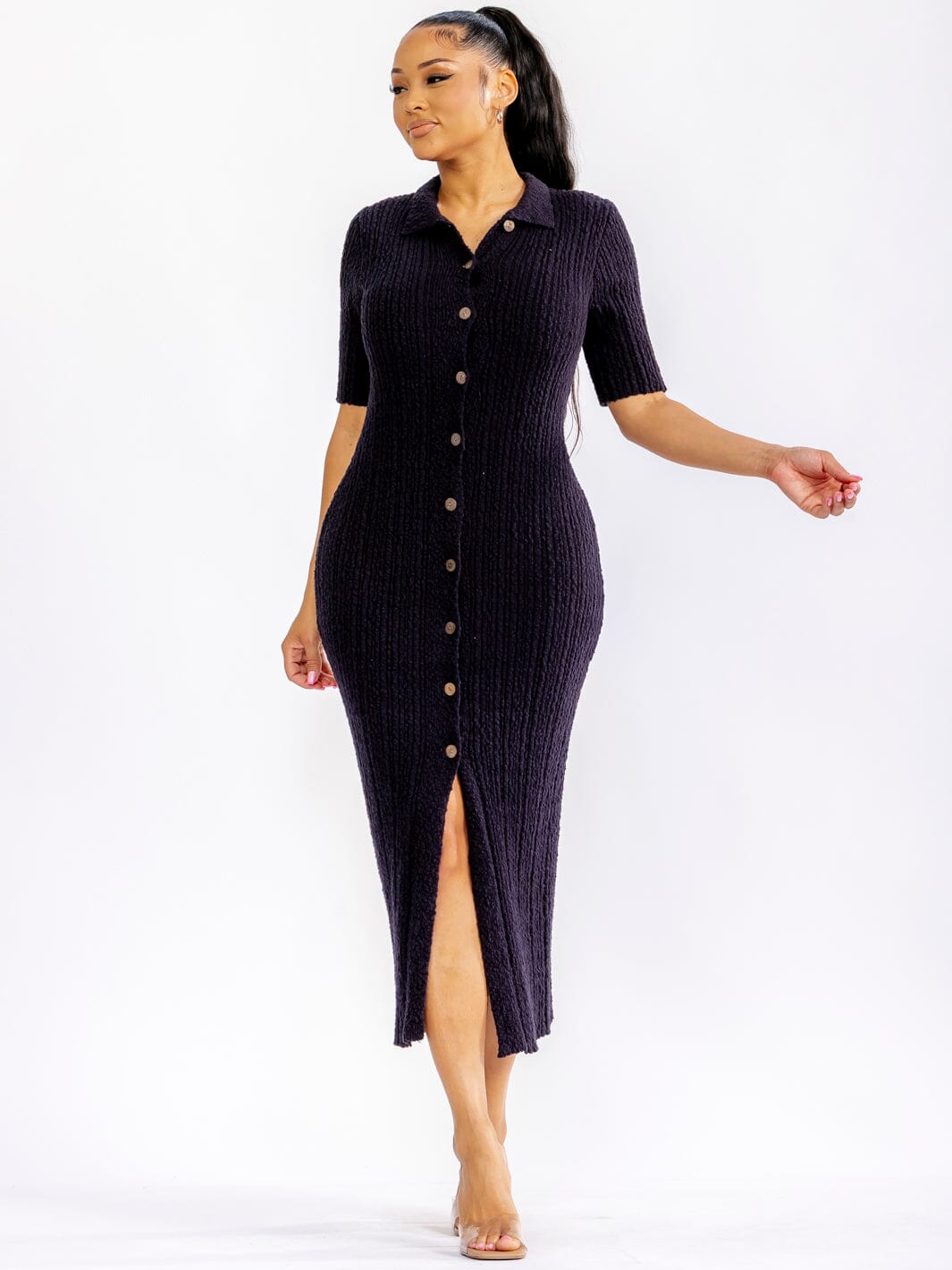 WOMEN'S SHORT SLEEVE BUTTON UP FRONT SLIT RIBBED BODYCON MAXI DRESS