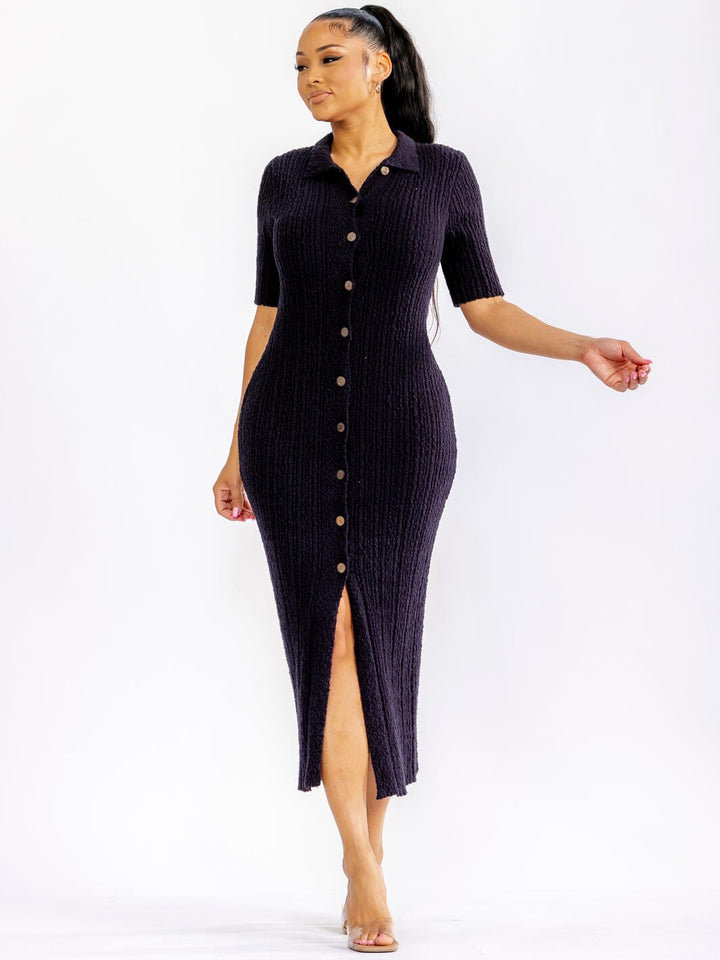WOMEN'S SHORT SLEEVE BUTTON UP FRONT SLIT RIBBED BODYCON MAXI DRESS
