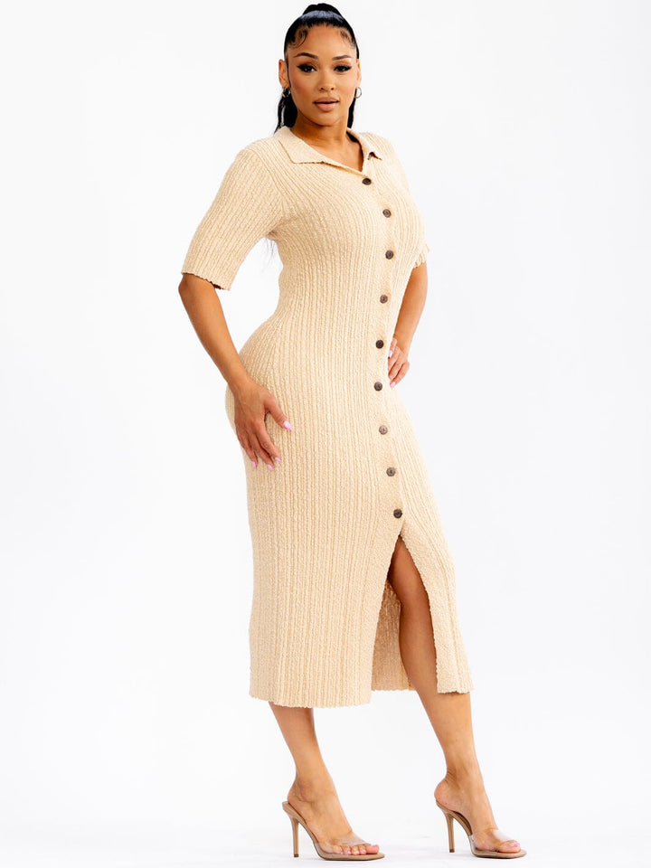 WOMEN'S SHORT SLEEVE BUTTON UP FRONT SLIT RIBBED BODYCON MAXI DRESS