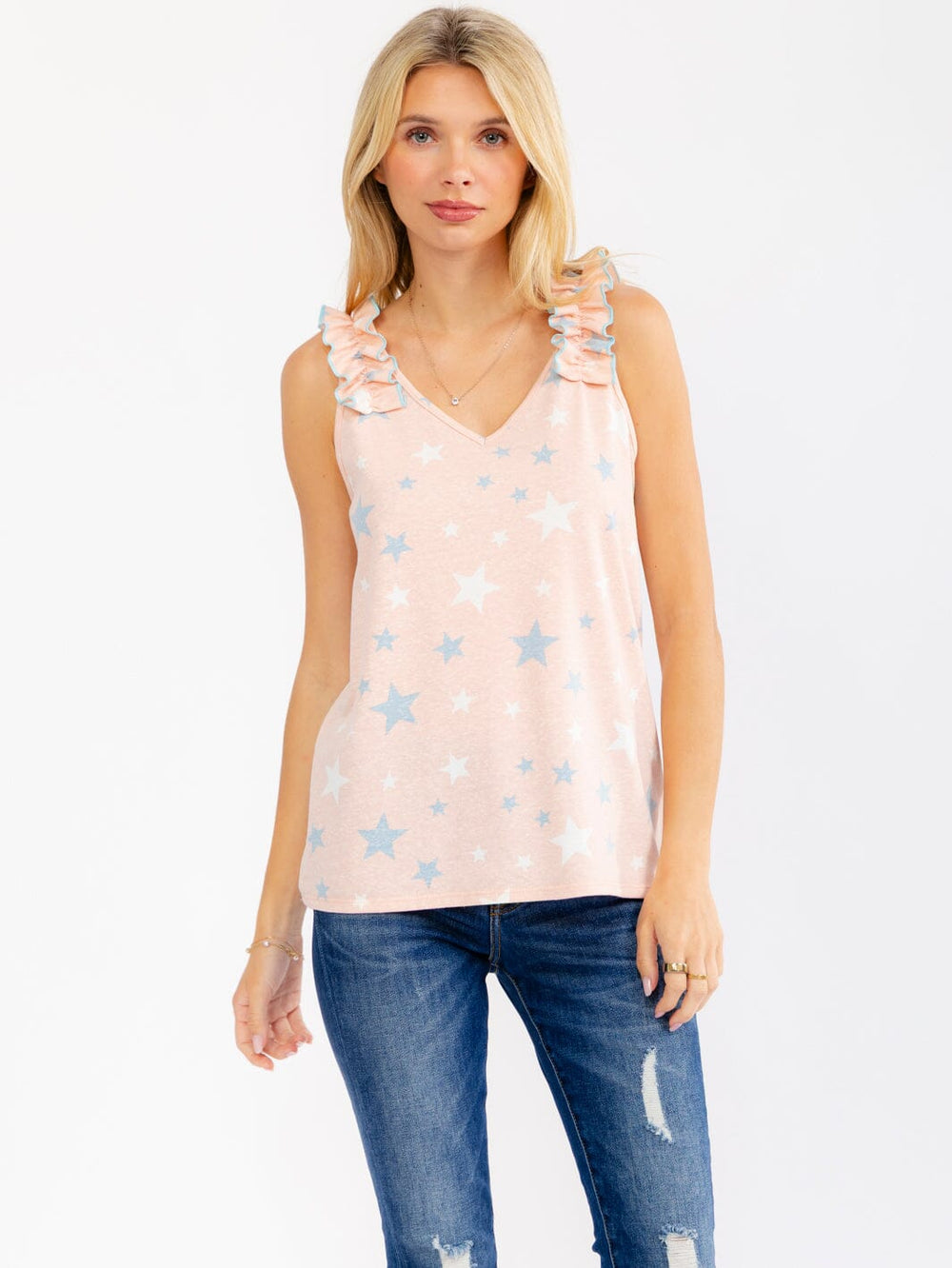 WOMEN'S SLEEVELESS RUFFLE V-NECK SATRS PRINT TANK TOP