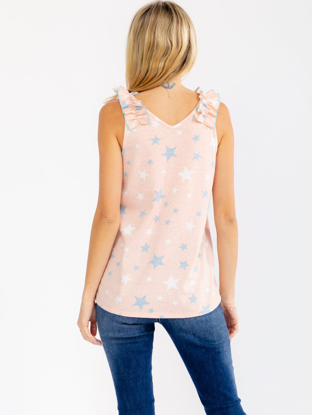 WOMEN'S SLEEVELESS RUFFLE V-NECK SATRS PRINT TANK TOP