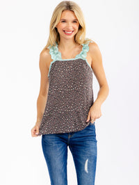 WOMEN'S SLEEVELESS RUFFLE ANIMAL PRINT TANK TOP