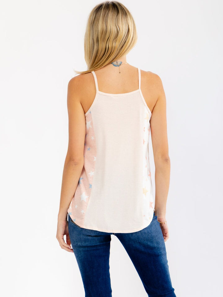 WOMEN'S SLEEVELESS V-NECK STARS PRINT CONTRAST TANK TOP