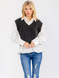 WOMEN'S LONG SLEEVE KNIT CONTRAST VEST SHIRT