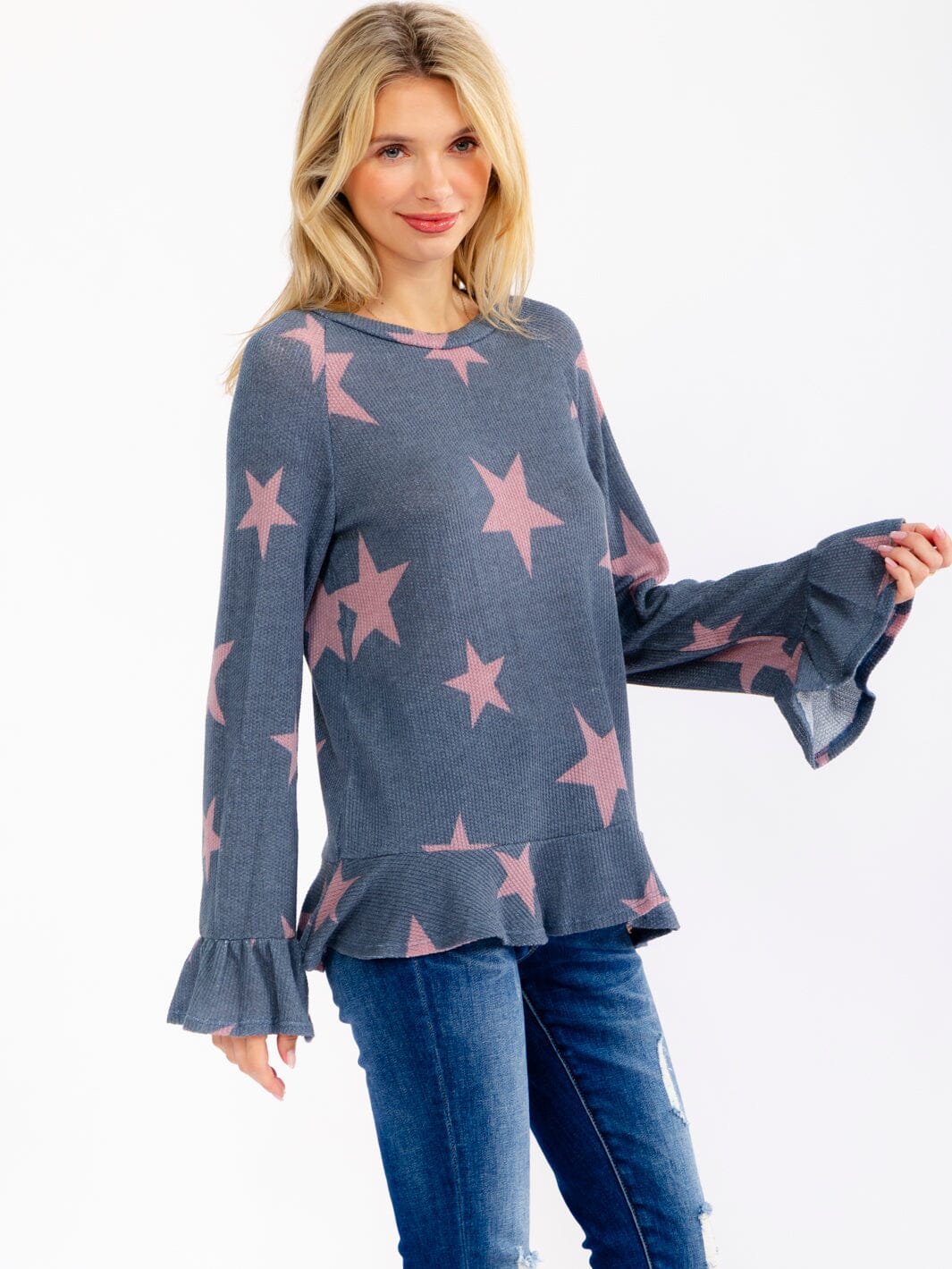 WOMEN'S LONG BELL SLEEVE STARS PRINT RUFFLE TOP