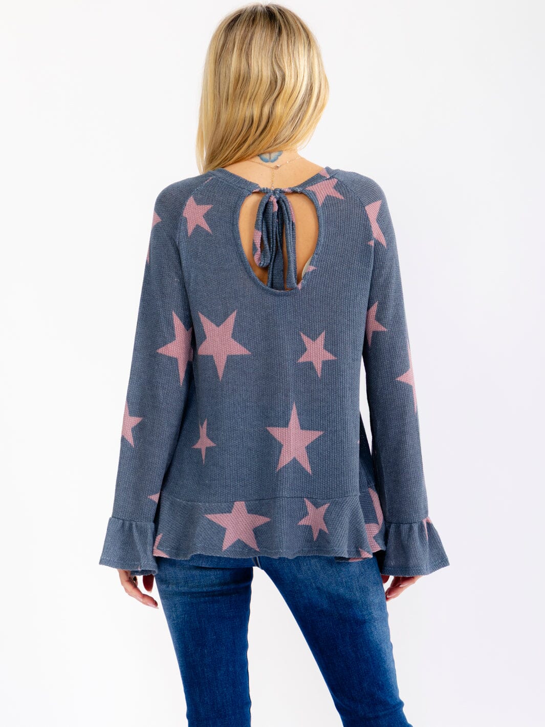 WOMEN'S LONG BELL SLEEVE STARS PRINT RUFFLE TOP
