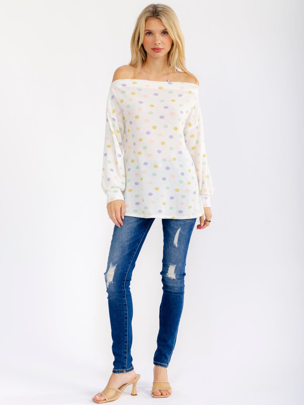 WOMEN'S LONG SLEEVE OFF SHOULDER POLKA DOTS TOP