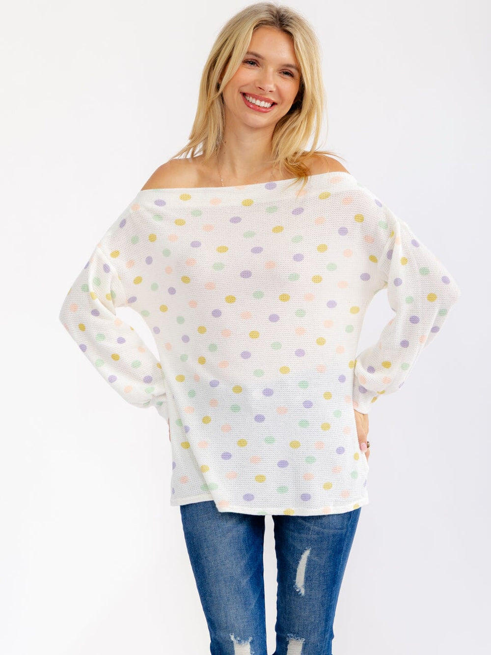 WOMEN'S LONG SLEEVE OFF SHOULDER POLKA DOTS TOP