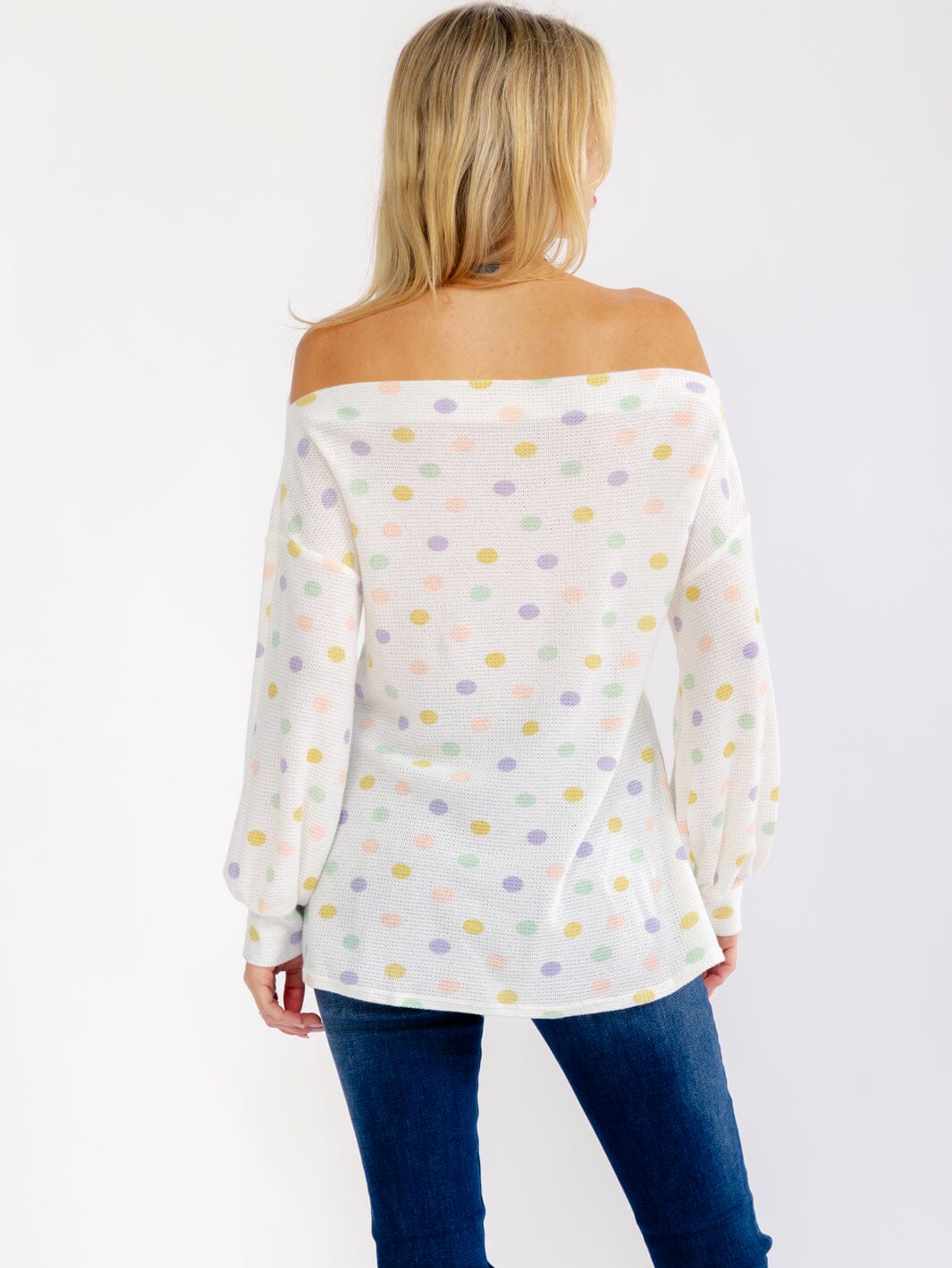 WOMEN'S LONG SLEEVE OFF SHOULDER POLKA DOTS TOP
