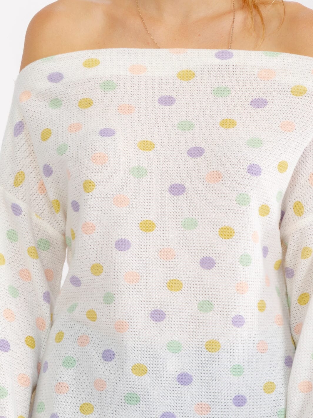 WOMEN'S LONG SLEEVE OFF SHOULDER POLKA DOTS TOP
