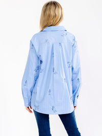 WOMEN'S LONG SLEEVE BUTTON UP STITCHED DETAILES STRIPES SHIRT