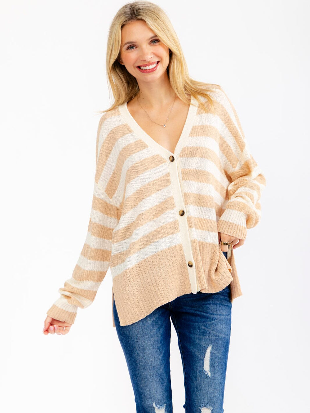 WOMEN'S LONG SLEEVE BUTTON UP COLORBLOCK STRIPES KNIT CARDIGAN