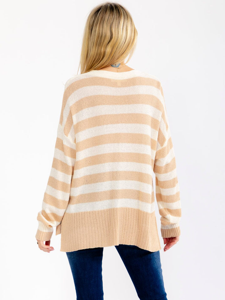 WOMEN'S LONG SLEEVE BUTTON UP COLORBLOCK STRIPES KNIT CARDIGAN