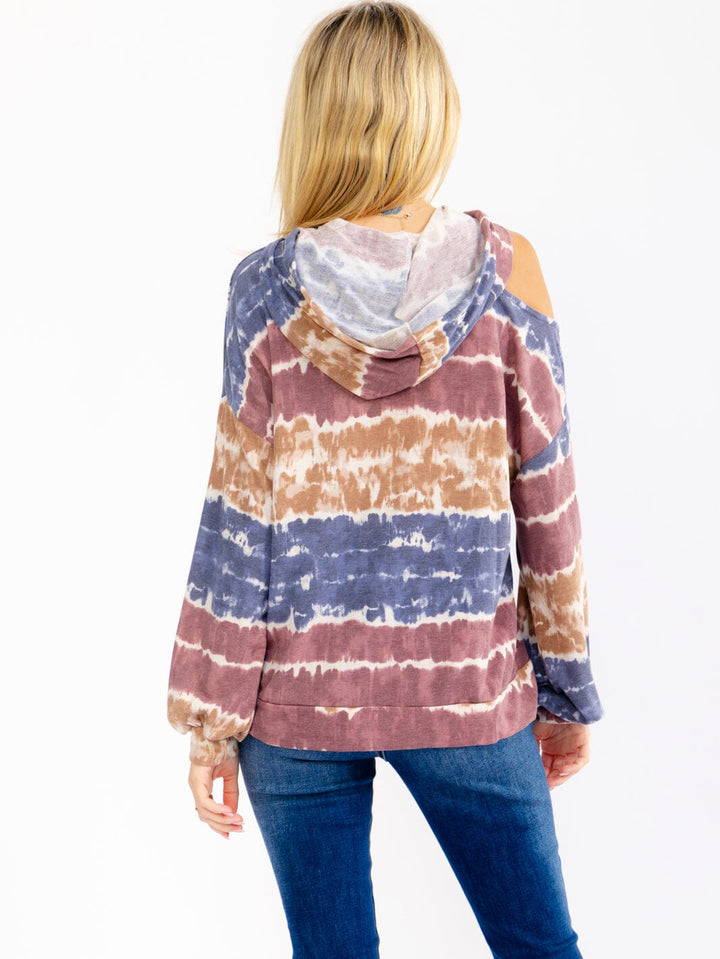 WOMEN'S LONG SLEEVE COLD SHOULDER FRONT POCKET TIE DYE HOODED TOP