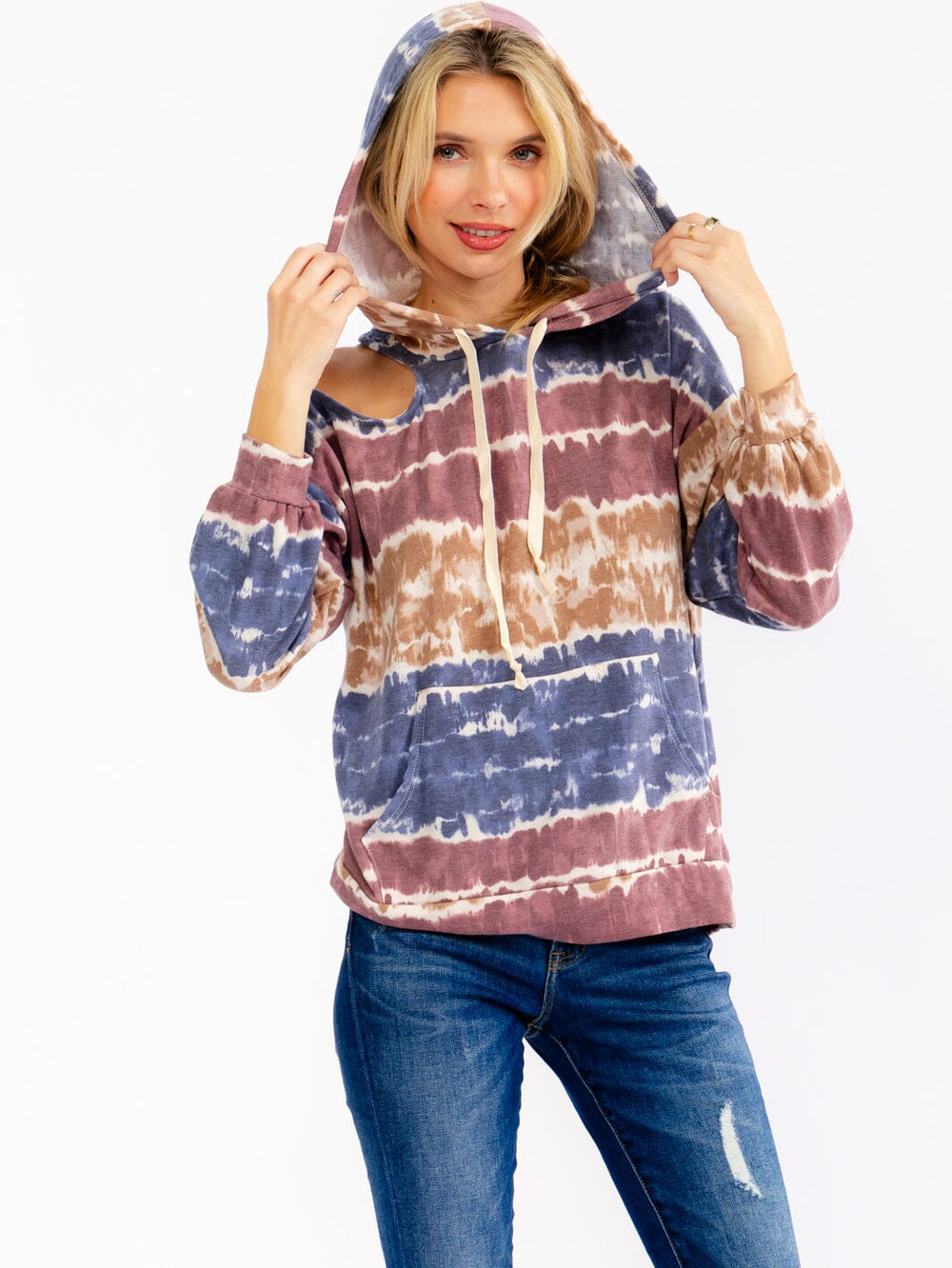 WOMEN'S LONG SLEEVE COLD SHOULDER FRONT POCKET TIE DYE HOODED TOP