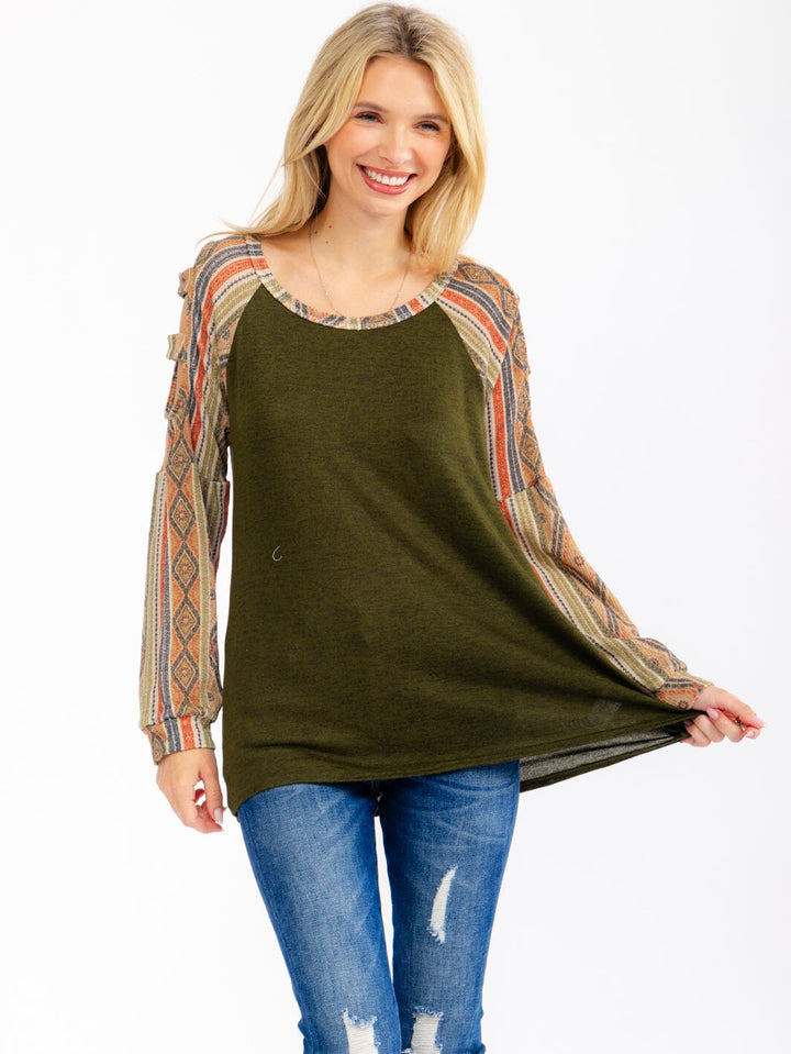 WOMEN'S LONG SLEEVE CUT OUT CONTRAST TOP