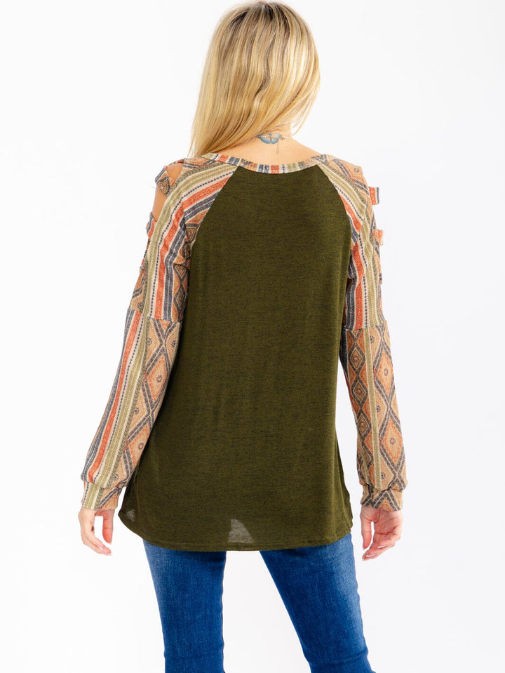 WOMEN'S LONG SLEEVE CUT OUT CONTRAST TOP