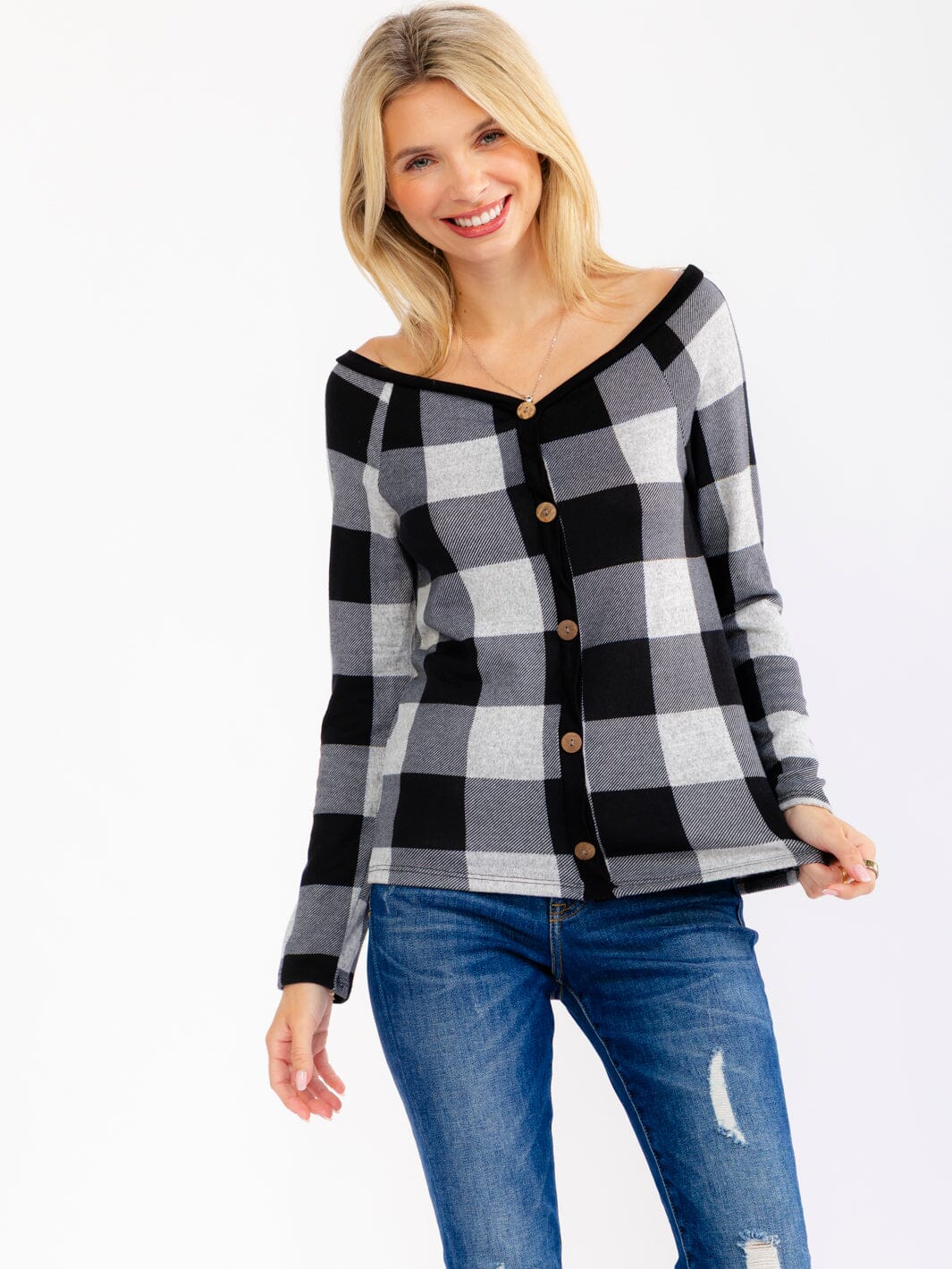WOMEN'S LONG SLEEVE V-NECK BUTTON DETAILED PLAID TOP