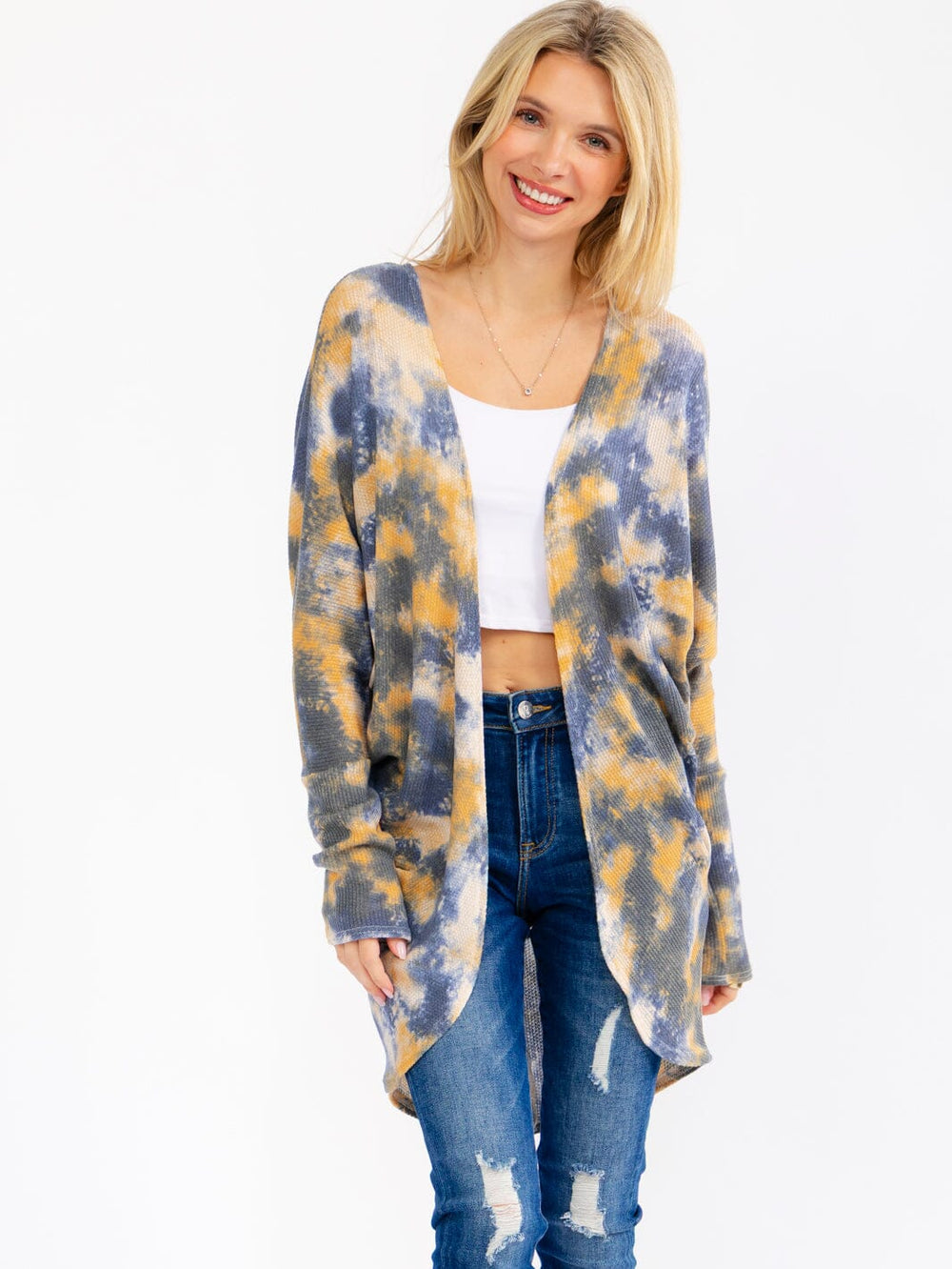 WOMEN'S LONG SLEEVE RUCHED SIDE OPEN FRONT TIE DYE CARDIGAN