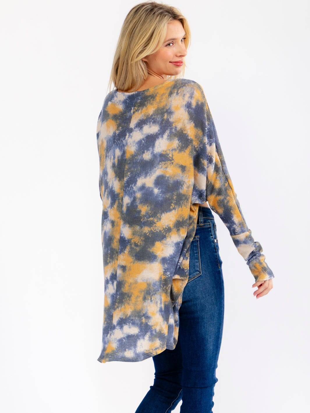 WOMEN'S LONG SLEEVE RUCHED SIDE OPEN FRONT TIE DYE CARDIGAN