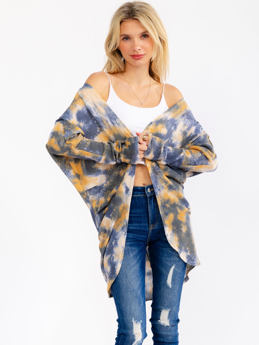 WOMEN'S LONG SLEEVE RUCHED SIDE OPEN FRONT TIE DYE CARDIGAN