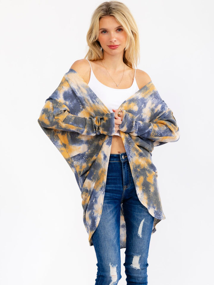 WOMEN'S LONG SLEEVE RUCHED SIDE OPEN FRONT TIE DYE CARDIGAN