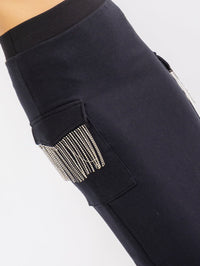 WOMEN'S ELASTIC WAIST CARGO POCKETS BACK SLIT RHINESTONES FRINGE DETAILED MAXI SKIRT