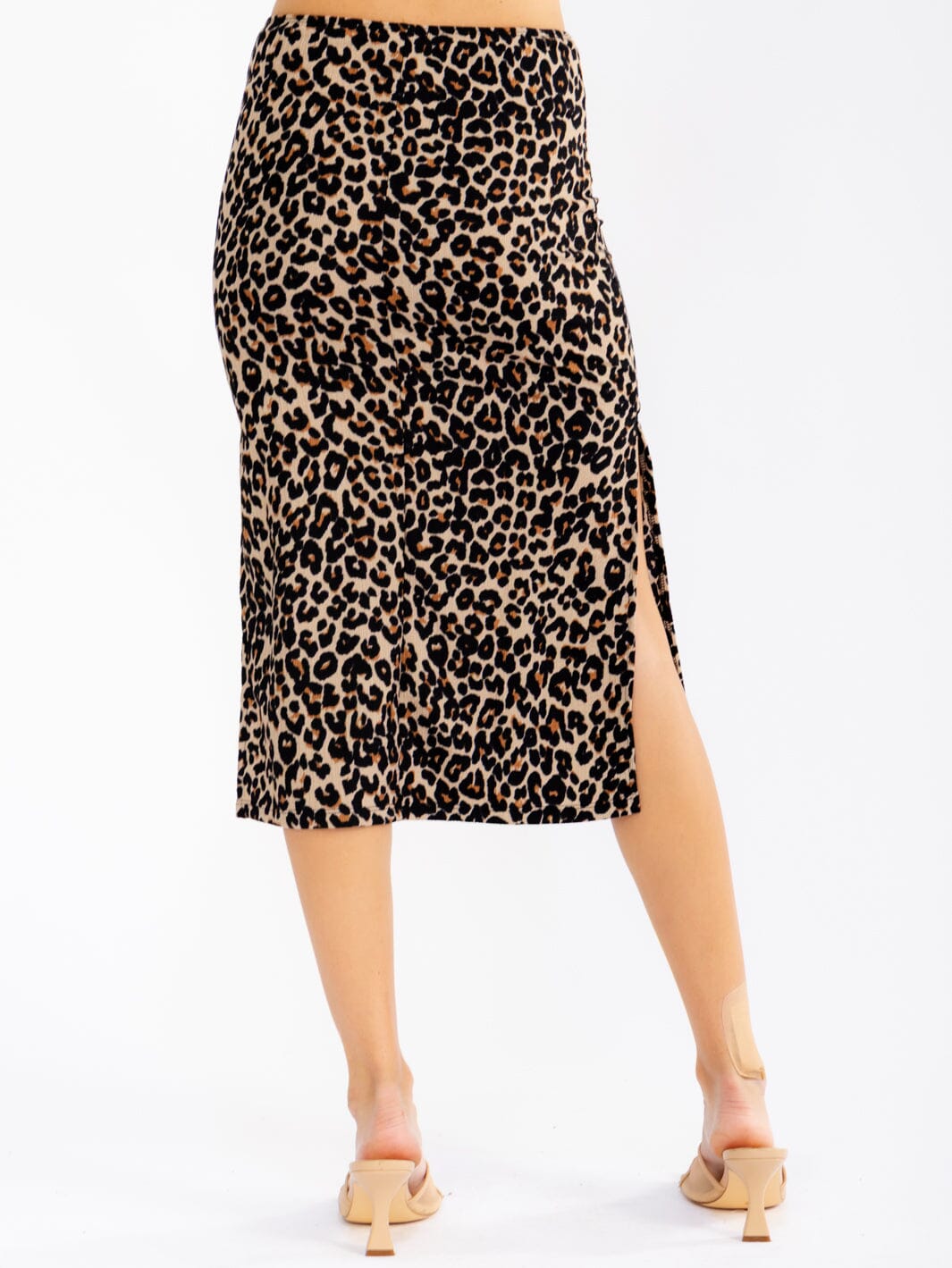 WOMEN'S ELASTIC WAIST SELF TIE SLIT ANIMAL PRINT MIDI SKIRT
