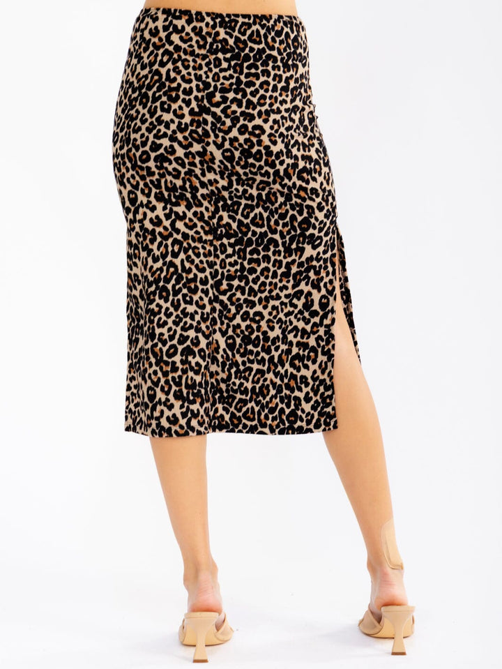 WOMEN'S ELASTIC WAIST SELF TIE SLIT ANIMAL PRINT MIDI SKIRT
