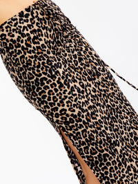 WOMEN'S ELASTIC WAIST SELF TIE SLIT ANIMAL PRINT MIDI SKIRT
