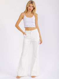 WOMEN'S BUTTON CLOSURE POCKETS BELL LEG STRETCH DENIM PANTS