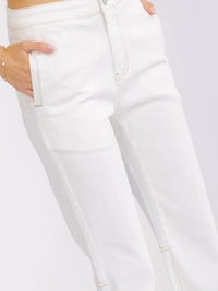 WOMEN'S BUTTON CLOSURE POCKETS BELL LEG STRETCH DENIM PANTS