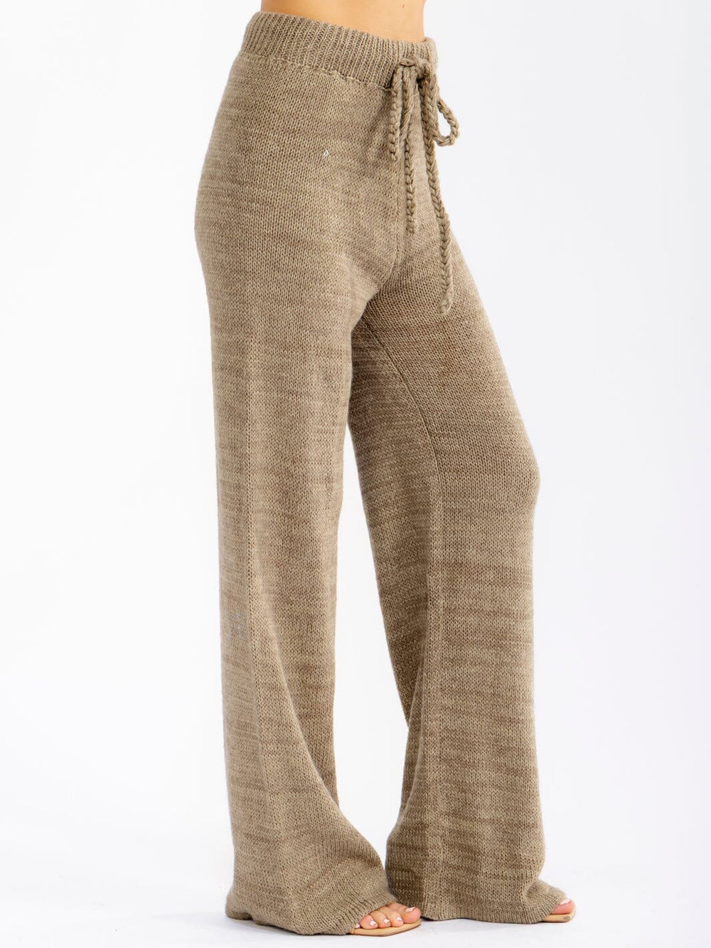 WOMEN'S ELASTIC WAIST SELF TIE WIDE LEG KNIT PANTS