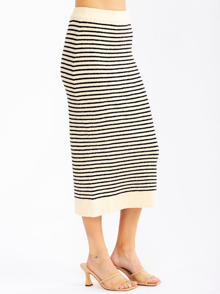 WOMEN'S ELASTIC WAIST COLORBLOCK STRIPES KNIT MIDI SKIRT