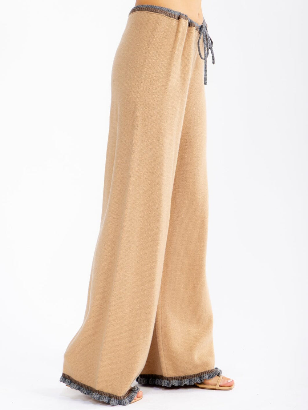 WOMEN'S ELASTIC WAIST SELF TIE WIDE LEG TRIM DETAILED PANTS