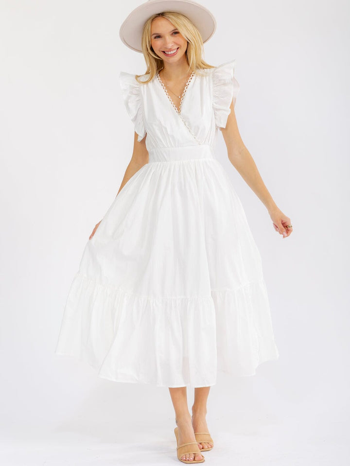 WOMEN'S RUFFLE SLEEVE SURPLICE SMOCK WAIST FRONT POCKETS TIERED MAXI DRESS