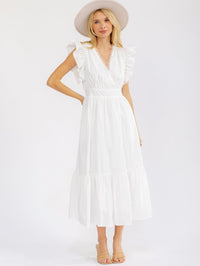 WOMEN'S RUFFLE SLEEVE SURPLICE SMOCK WAIST FRONT POCKETS TIERED MAXI DRESS