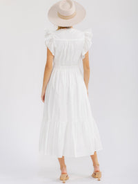 WOMEN'S RUFFLE SLEEVE SURPLICE SMOCK WAIST FRONT POCKETS TIERED MAXI DRESS