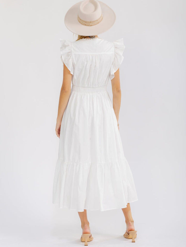 WOMEN'S RUFFLE SLEEVE SURPLICE SMOCK WAIST FRONT POCKETS TIERED MAXI DRESS