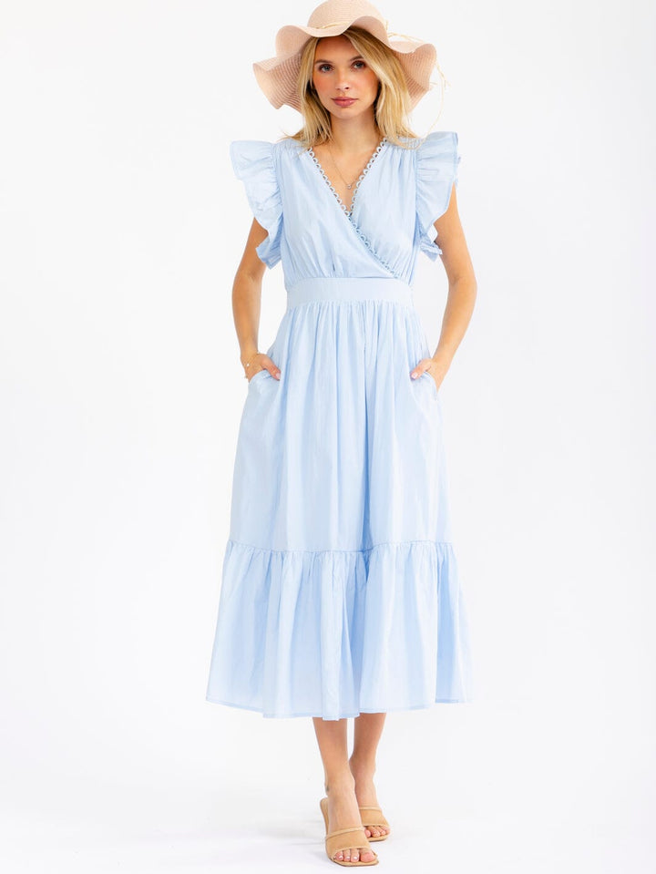 WOMEN'S RUFFLE SLEEVE SURPLICE SMOCK WAIST FRONT POCKETS TIERED MAXI DRESS