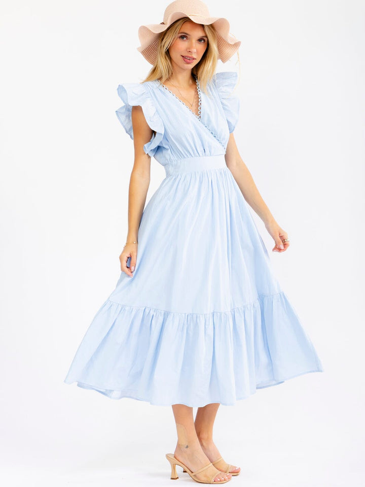 WOMEN'S RUFFLE SLEEVE SURPLICE SMOCK WAIST FRONT POCKETS TIERED MAXI DRESS
