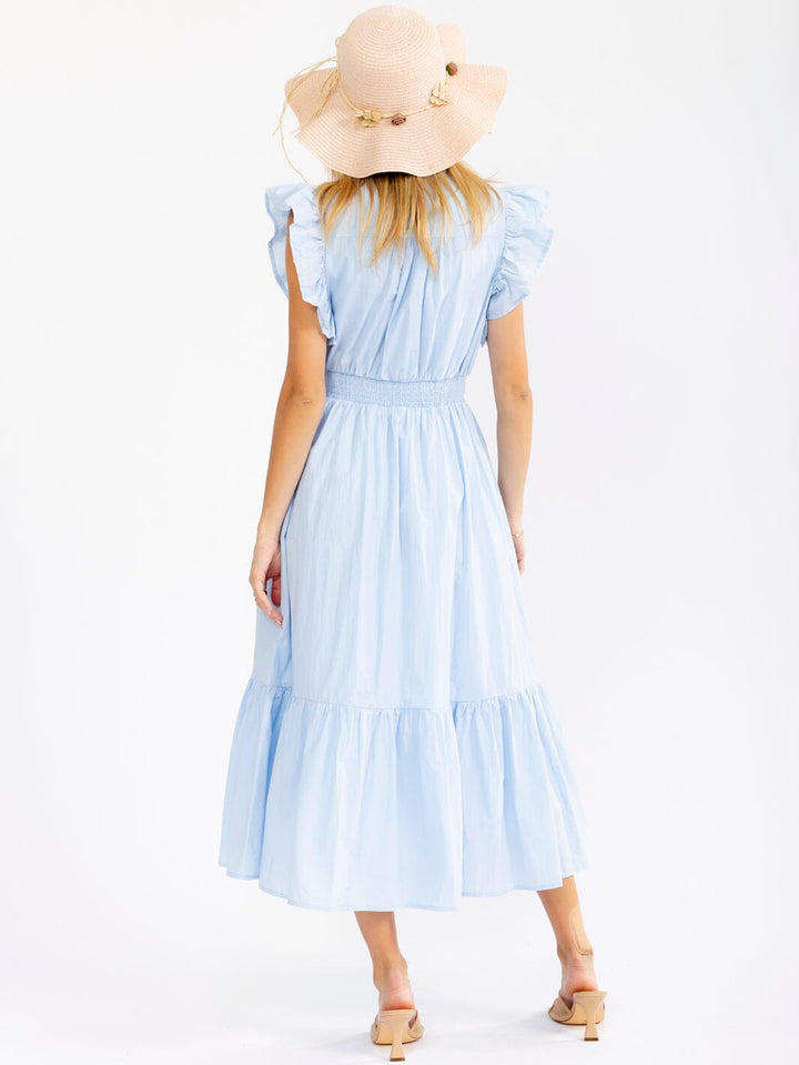 WOMEN'S RUFFLE SLEEVE SURPLICE SMOCK WAIST FRONT POCKETS TIERED MAXI DRESS