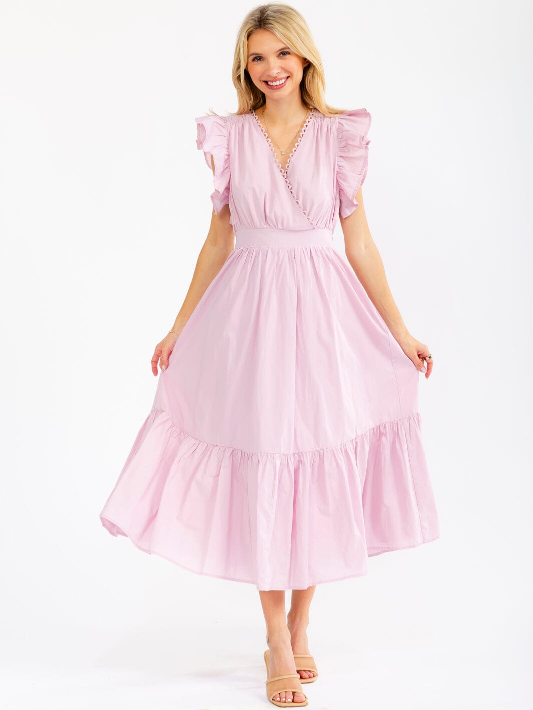 WOMEN'S RUFFLE SLEEVE SURPLICE SMOCK WAIST FRONT POCKETS TIERED MAXI DRESS