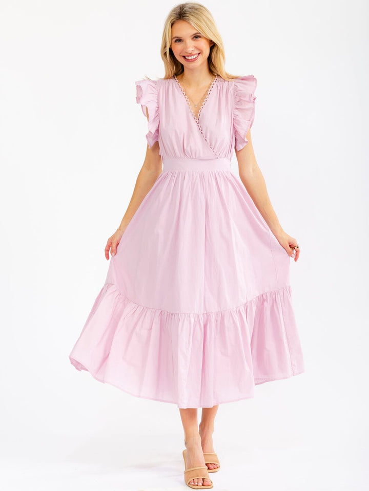 WOMEN'S RUFFLE SLEEVE SURPLICE SMOCK WAIST FRONT POCKETS TIERED MAXI DRESS