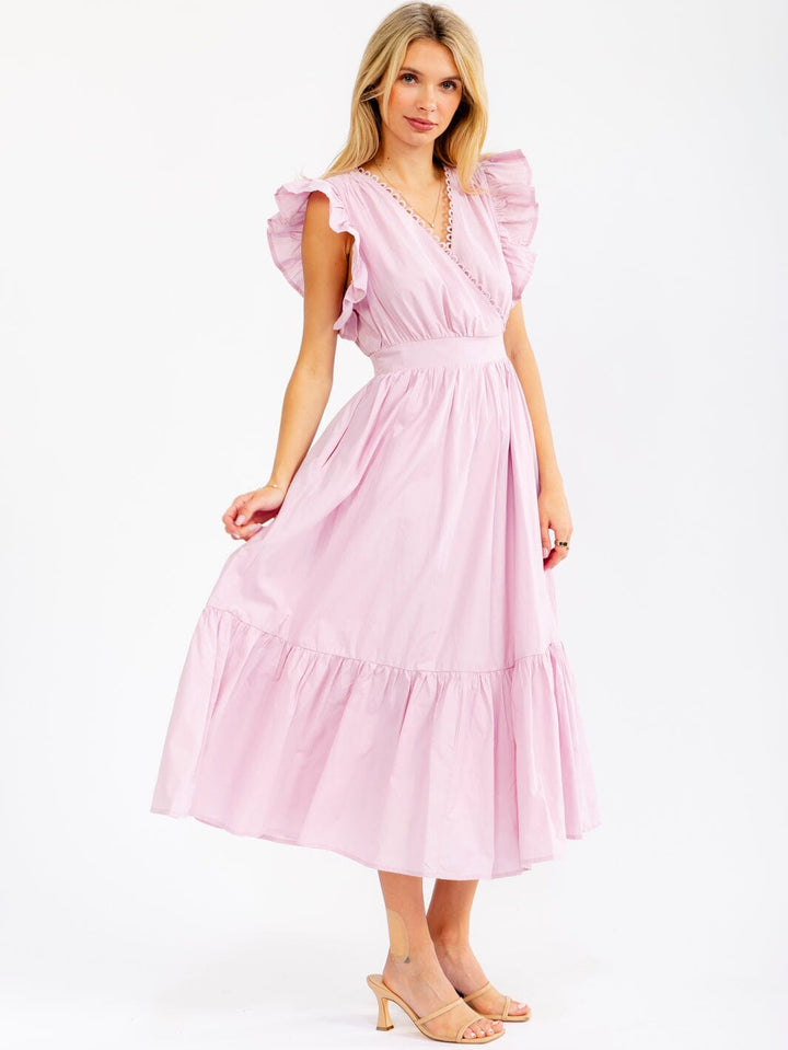WOMEN'S RUFFLE SLEEVE SURPLICE SMOCK WAIST FRONT POCKETS TIERED MAXI DRESS