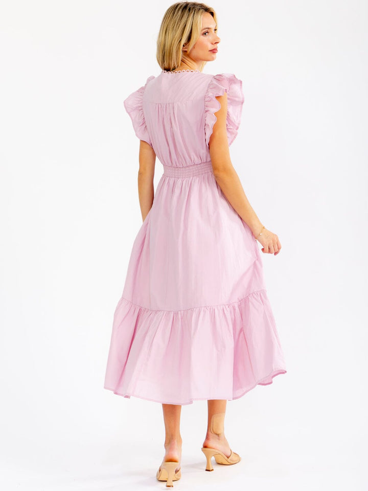 WOMEN'S RUFFLE SLEEVE SURPLICE SMOCK WAIST FRONT POCKETS TIERED MAXI DRESS