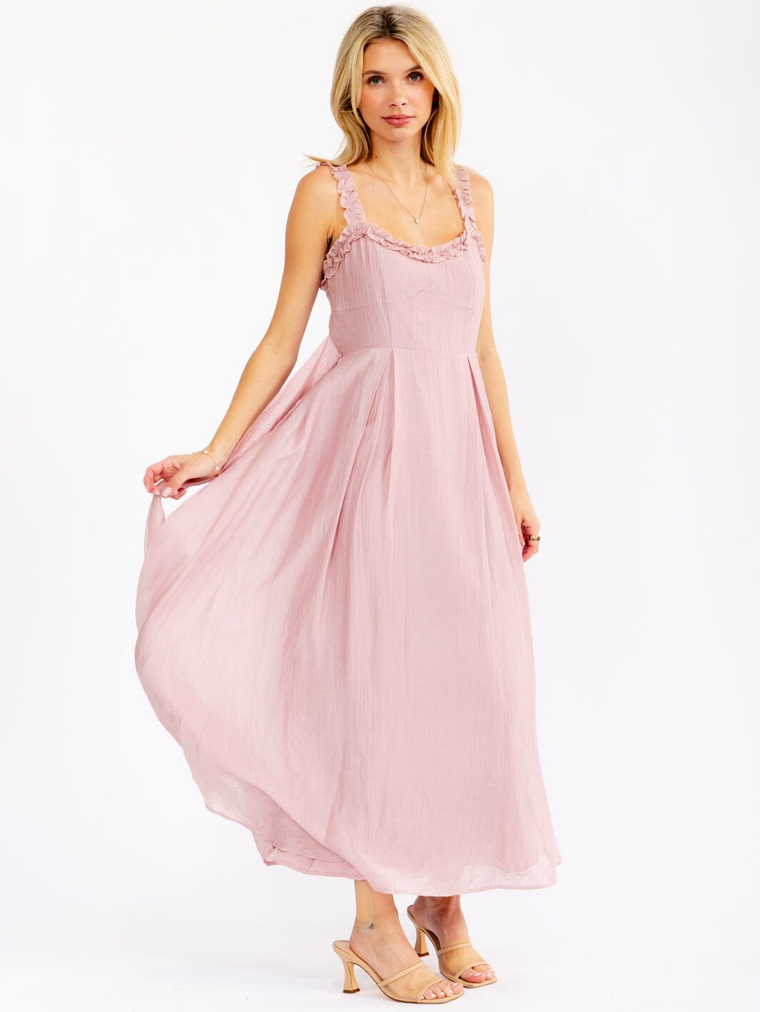 WOMEN'S SLEEVELESS RUFFLE DETAILED SELF TIE MAXI DRESS