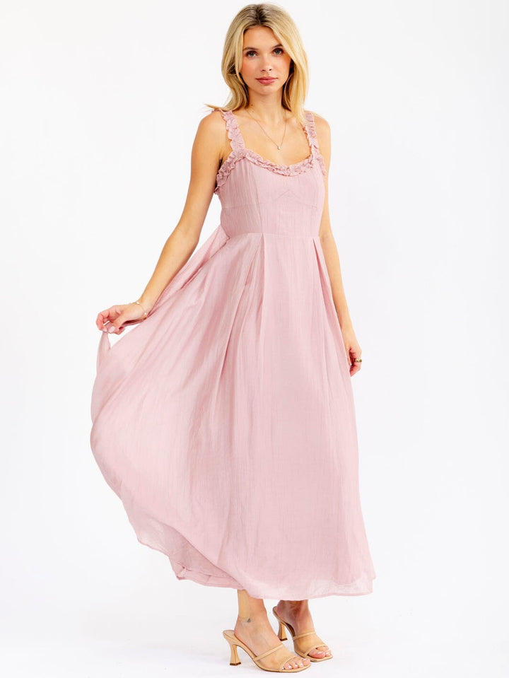 WOMEN'S SLEEVELESS RUFFLE DETAILED SELF TIE MAXI DRESS