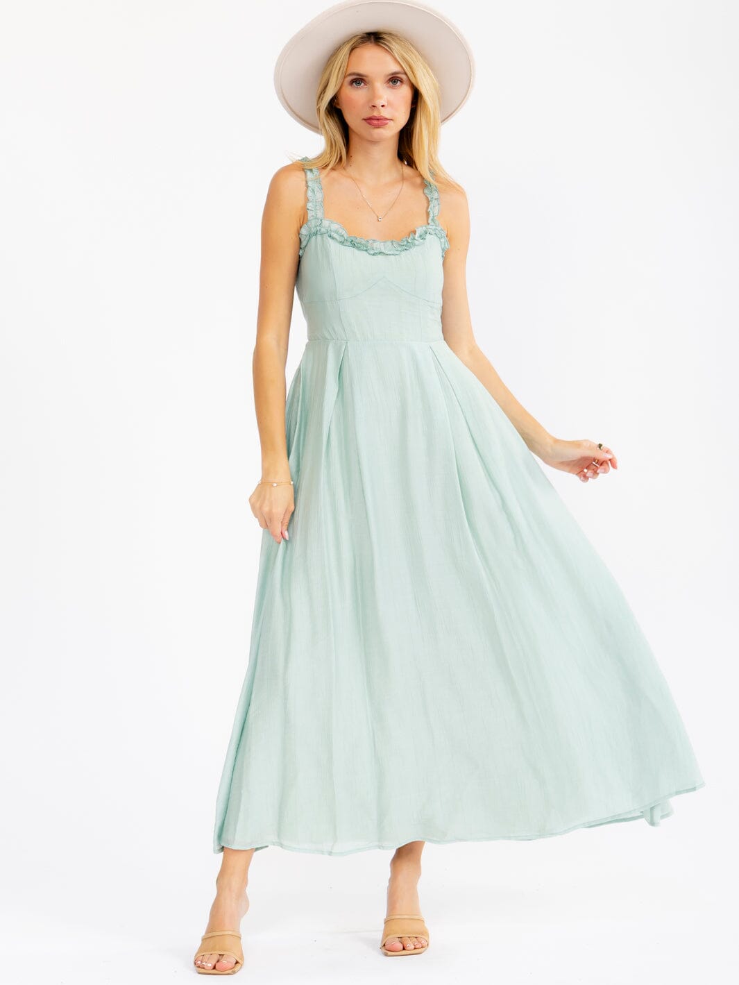 WOMEN'S SLEEVELESS RUFFLE DETAILED SELF TIE MAXI DRESS